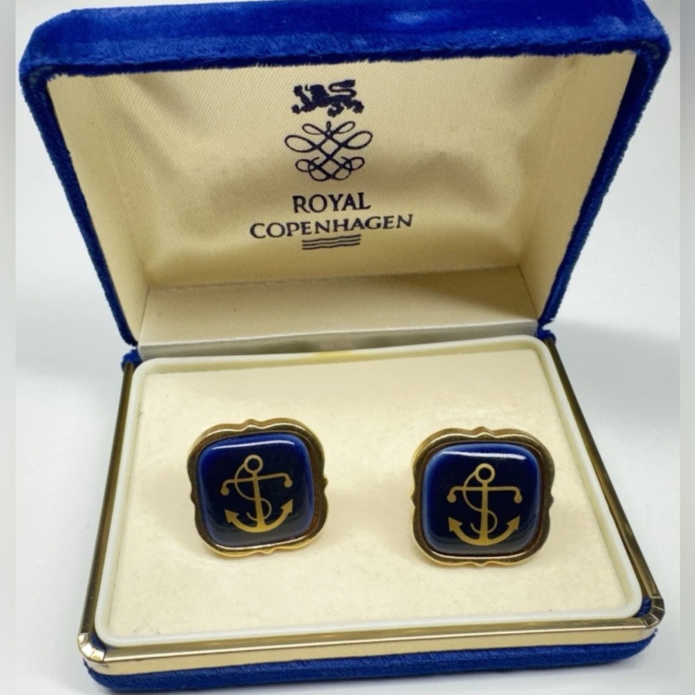 royal copenhagen Denmark cobalt blue porcelain cufflinks gold w/anchor